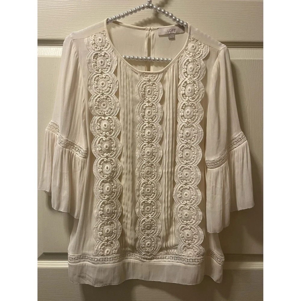 LOFT Women's Semi Sheer Lace Trim Pleated Front Ivory Peasant Blouse Sz Sm BOHO
